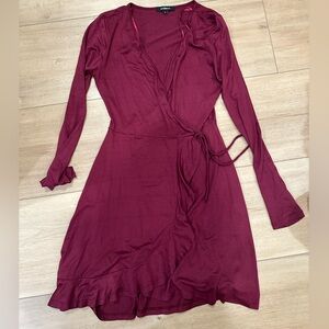 Burgundy wrap dress/ maxi dress/ cotton wrap dress, long sleeve dress